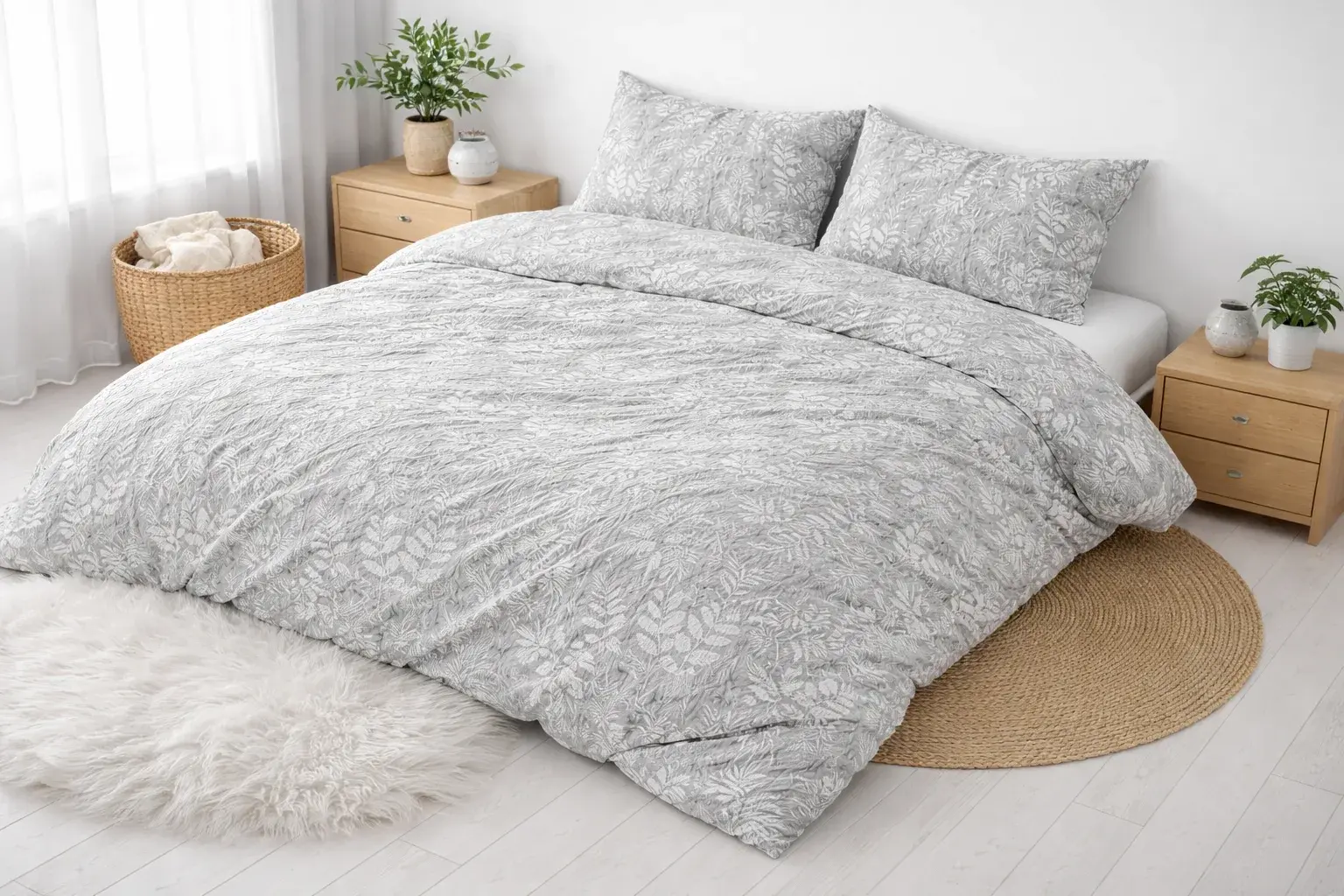 Krep posteljina dezen Grey Leaves